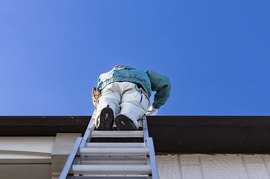 梯子に上って屋根の点検をする職人を下からみた様子