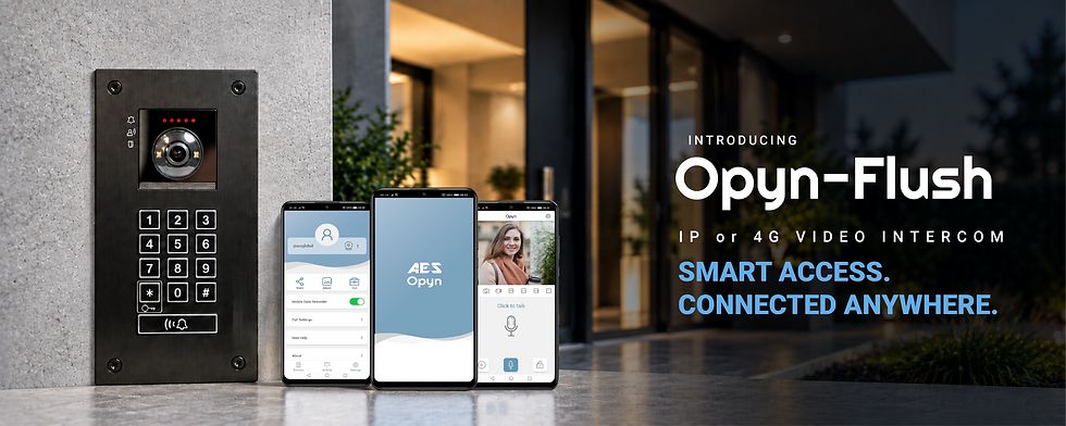 Opyn Flush intercom installed on a modern building. With phones showing the AES Opyn app.