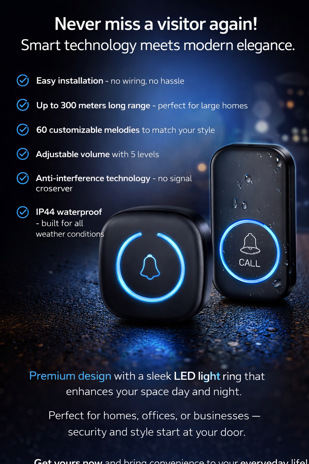 Wireless Smart Doorbell – 300m Range with 60 Chimes
