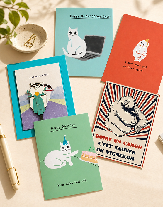 Photo de plusieurs cartes de vœux illustrées, colorées et originales, disposées sur une table avec une coupelle, des trombones et un stylo. Les cartes présentent notamment des dessins de chats, un vélo, un personnage blanc et un poing accompagné d’un message humoristique en français.