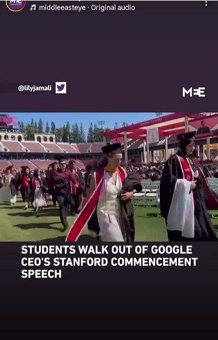 Bad day for Stanford alumni Sundar Pachai. So why was he not taking questions from a persistent BBC reporter as shown on social media? Free Palestine, said the students, implying Google's links with the IDF. Photo courtesy middleeasteye / Instagram