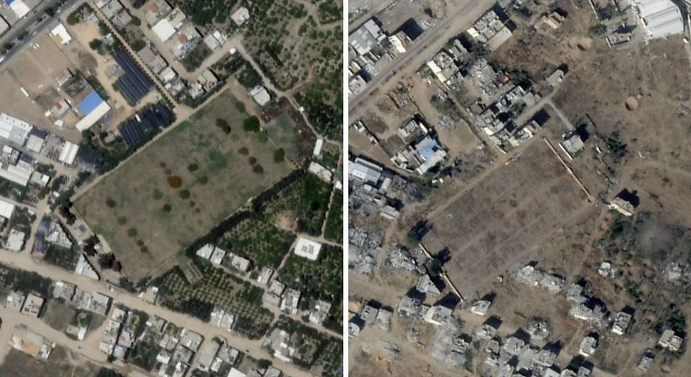 A before-and-after aerial view of the Gaza War Cemetery in Gaza City. Photos: Canadian Broadcast Corporation news report. Photo courtesy SAPAN news.