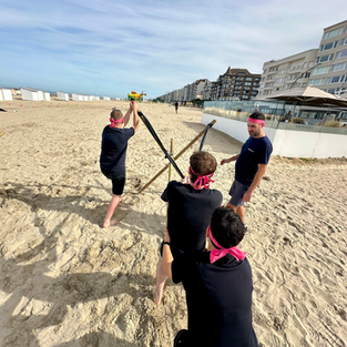Team van Hypotheekwinkel werkt samen tijdens Expeditie Robinson op het strand van De Panne
