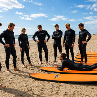 Collega’s leren golfsurfen tijdens een teambuilding aan de Belgische kust in De Panne