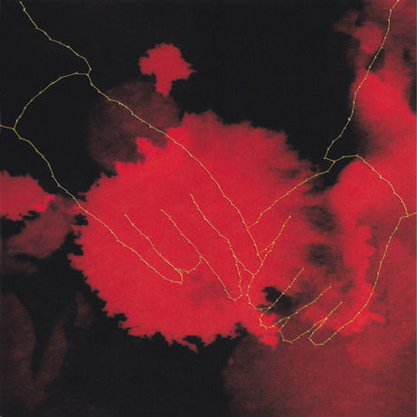 Hands sewn in yellow thread on red cyanotype of wet blossom.