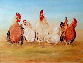 Hühner und Hahn Ölmalerei auf Leinwand