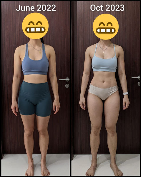 Front view of a female client's body recomposition from June 2022 to October 2023, showing increased muscle definition in shoulders, triceps, and abs after a managed bulking and cutting cycle with nutritional support.