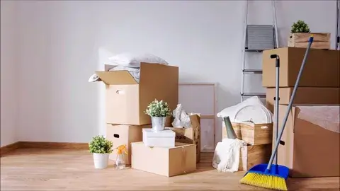 Stacked moving boxes, broom, and plants in a clean empty room.