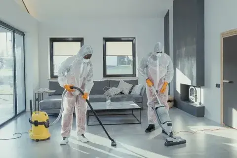 Two cleaners in protective suits vacuuming a modern living room