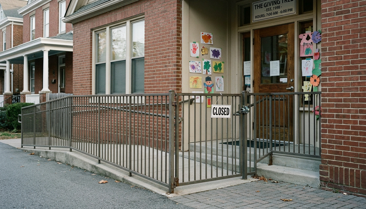 Wide-angle view of a quiet daycare entrance with a closed gate and children’s artwork near the doorway.