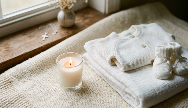Close-up view of a small white candle glowing beside folded baby clothes.