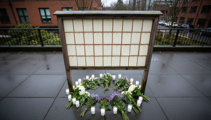 Overhead view of a community notice board with blank cards, candles, and flowers nearby