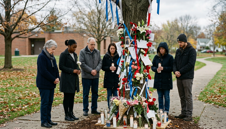 Eye-level view of neighbors standing quietly together near a memorial tree
