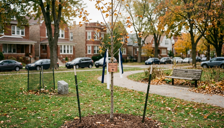 Wide-angle view of a small memorial tree in a quiet neighborhood green space.
