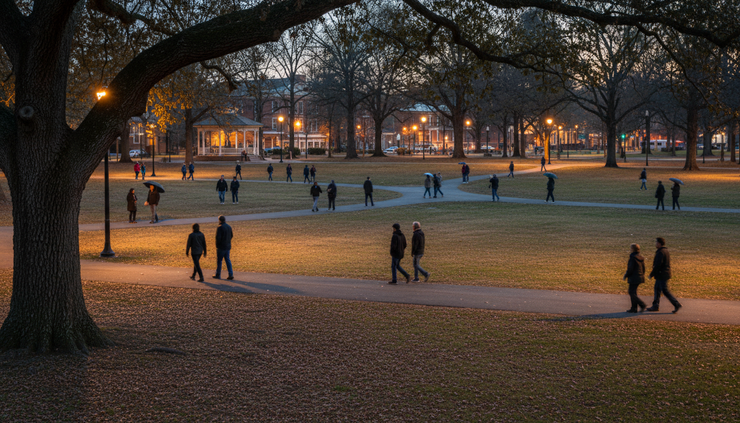 Wide-angle view of community members walking quietly through a park at dusk.