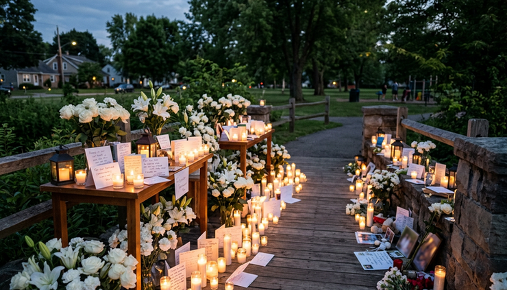 Wide-angle view of candles glowing at a quiet community memorial
