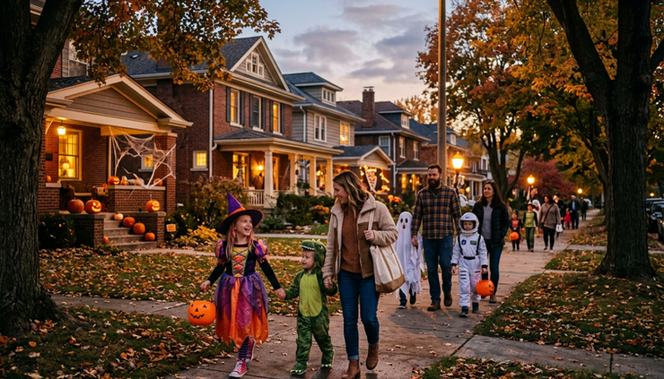 Wide-angle view of children in Halloween costumes walking with families on a quiet neighborhood sidewalk.