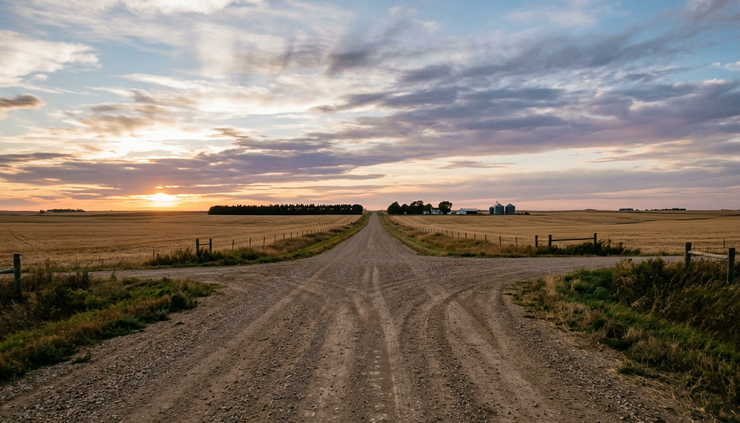Wide-angle view of a quiet rural crossroads under an open Nebraska sky.
