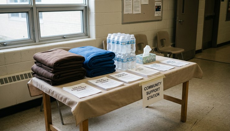 Eye-level view of a small community support station with blankets, water bottles, and resource flyers.