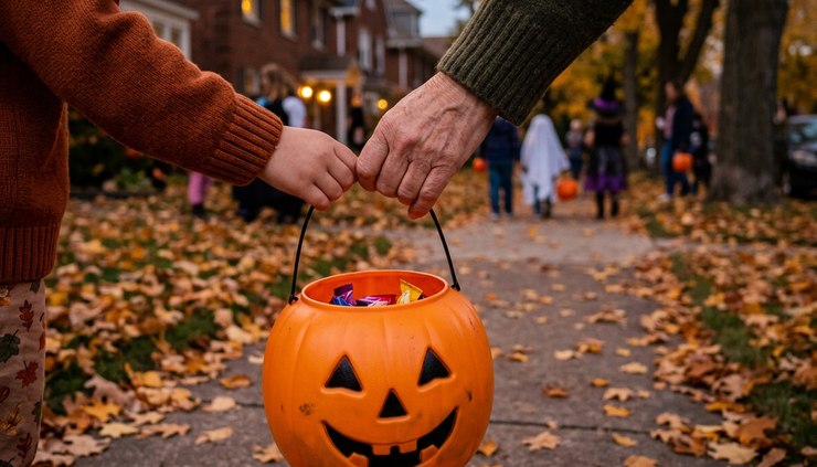 Close-up of a child's hand holding a small candy bucket next to an adult's hand on Halloween evening.