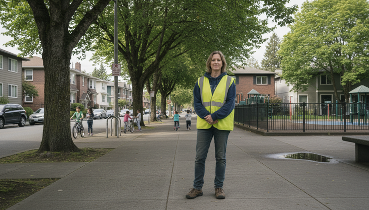 Wide-angle view of a community safety volunteer on a Seattle sidewalk.