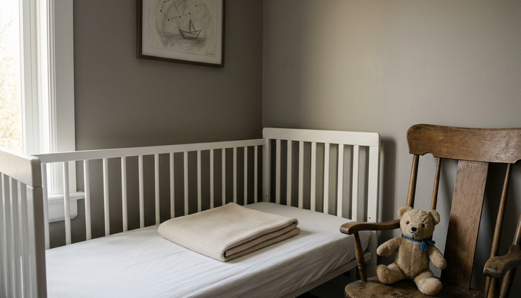 Wide-angle view of an empty nursery corner with soft light falling across a crib blanket.