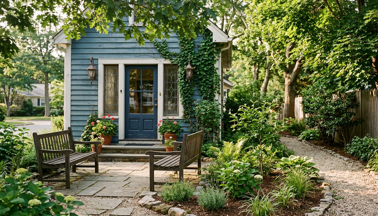 Eye-level view of a small outdoor sitting area near a dance studio entrance.