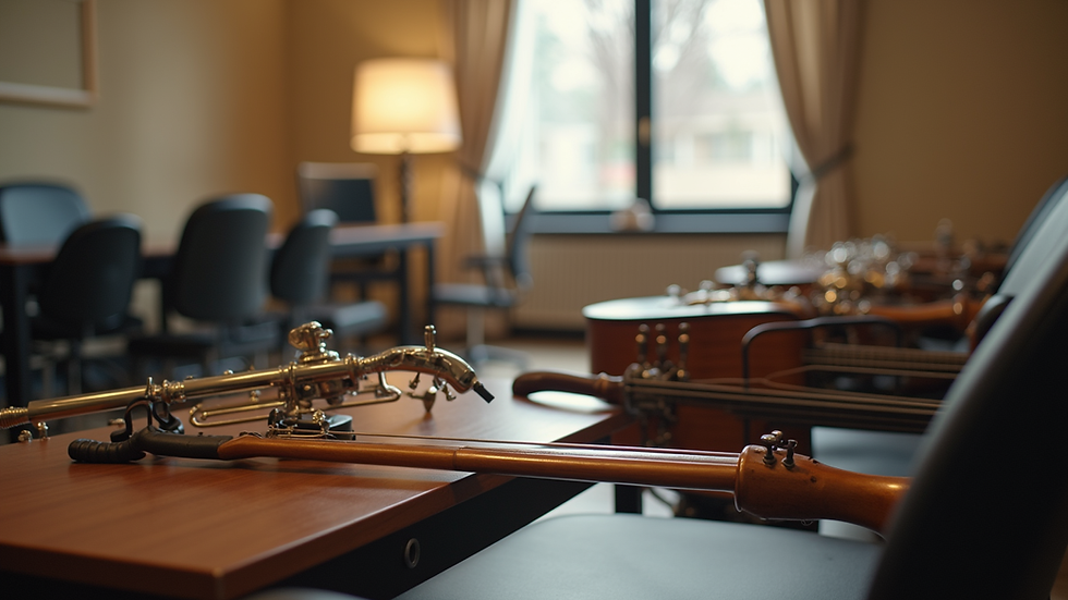 Close-up view of a corporate training room with musical instruments ready for a session