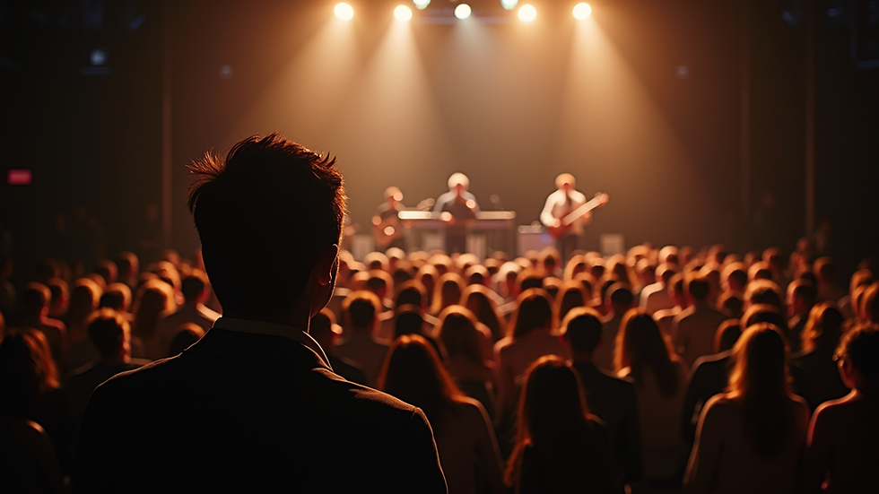 Eye-level view of a speaker engaging an audience with musical instruments on stage