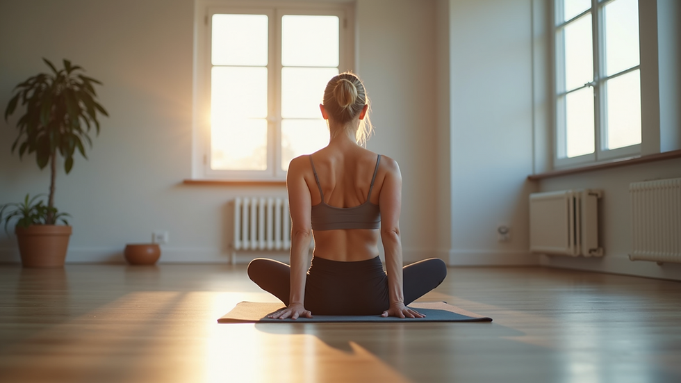 Eye-level view of a beginner practicing Pilates on a mat