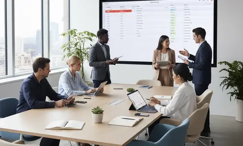 Hospitality team discussing talent-retention data in a meeting