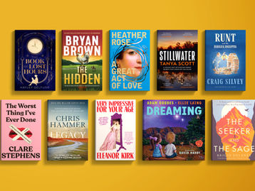 Various covers of books on a yellow background. Including: The Seeker and the Sage, The Hidden, Runt and the Diabolical Dognapping, The Worst Thing I've Ever Done, The Book of Lost Hours, A Great Act of Love, Stillwater, Legacy, Very Impressive For Your Age, Dreaming: Welcome to Our Country