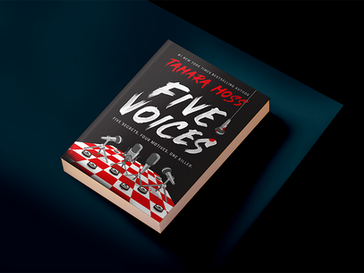 Book cover for Five Voices by Tamara Moss on dark teal background, with red-white checkerboard mics and thriller mood.
