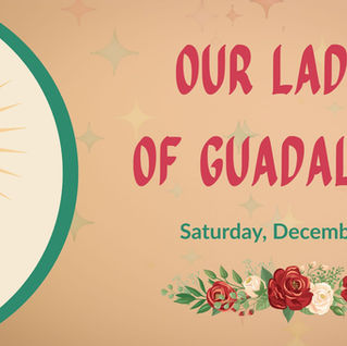 Illustration celebrating Our Lady of Guadalupe, featuring a serene depiction of the Virgin Mary surrounded by radiant light, with floral embellishments and the date, Saturday, December 6