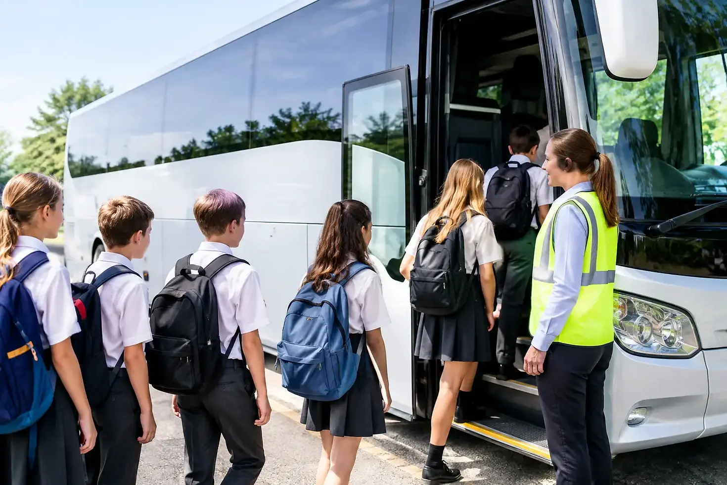 A coach parked outside a school, ready to safely transport pupils on a school trip