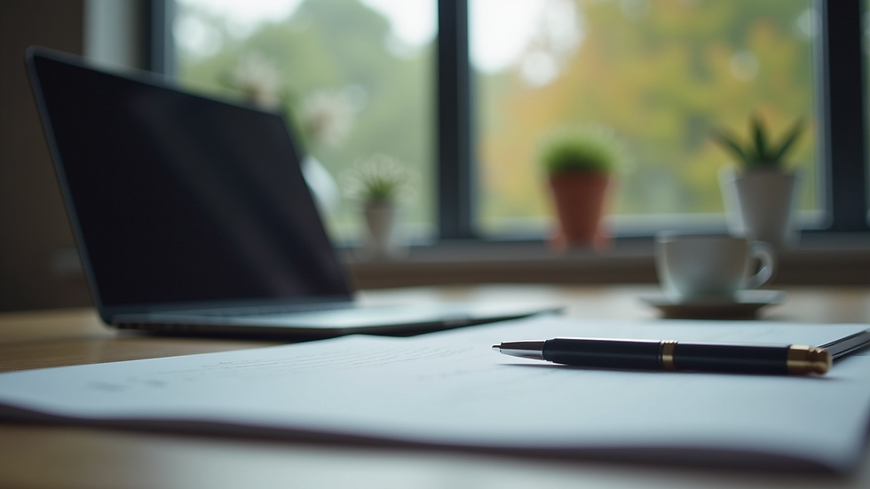 Eye-level view of a modern workspace with a laptop and notes