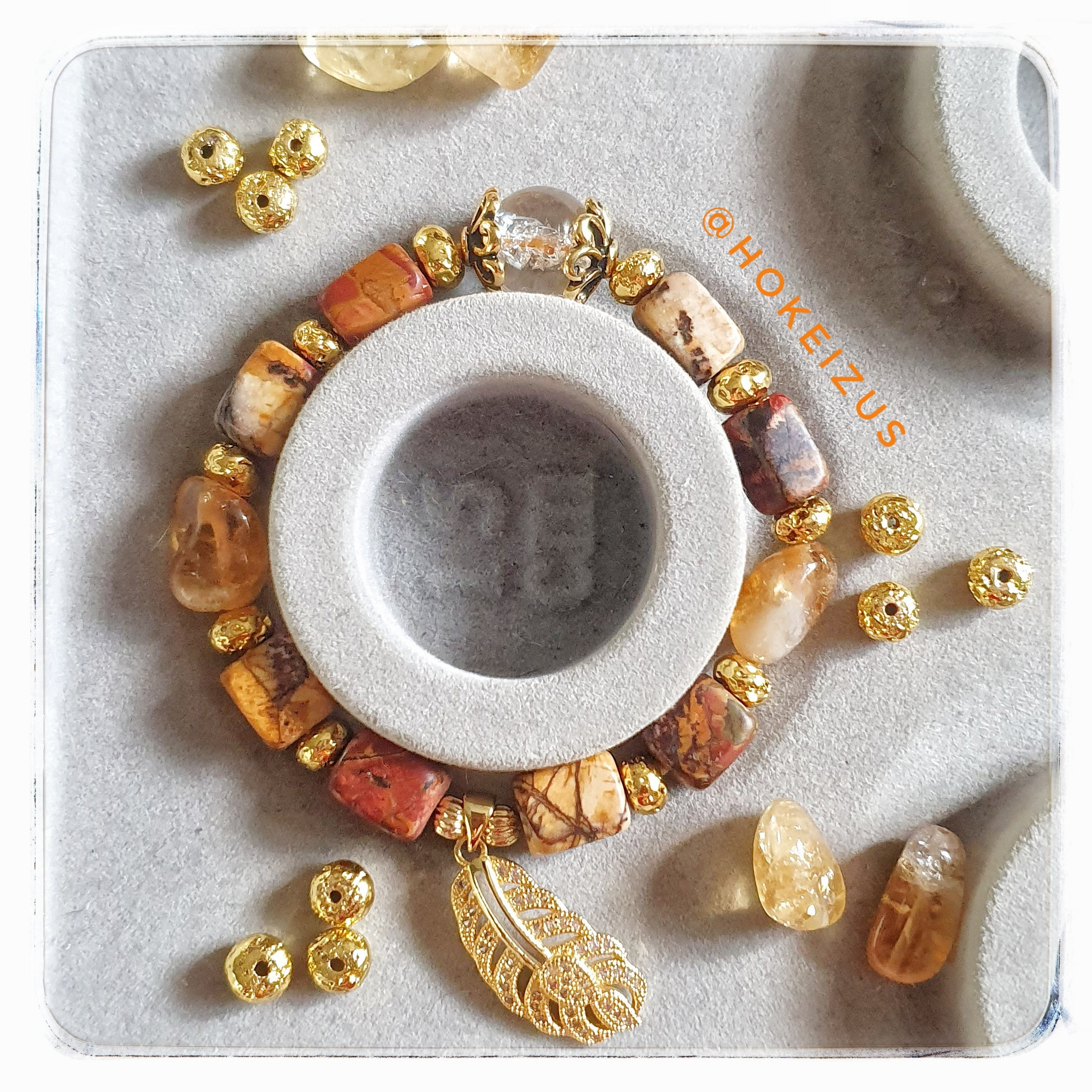 Picasso Citrine, Crackled Quartz and Peacock Feather charm