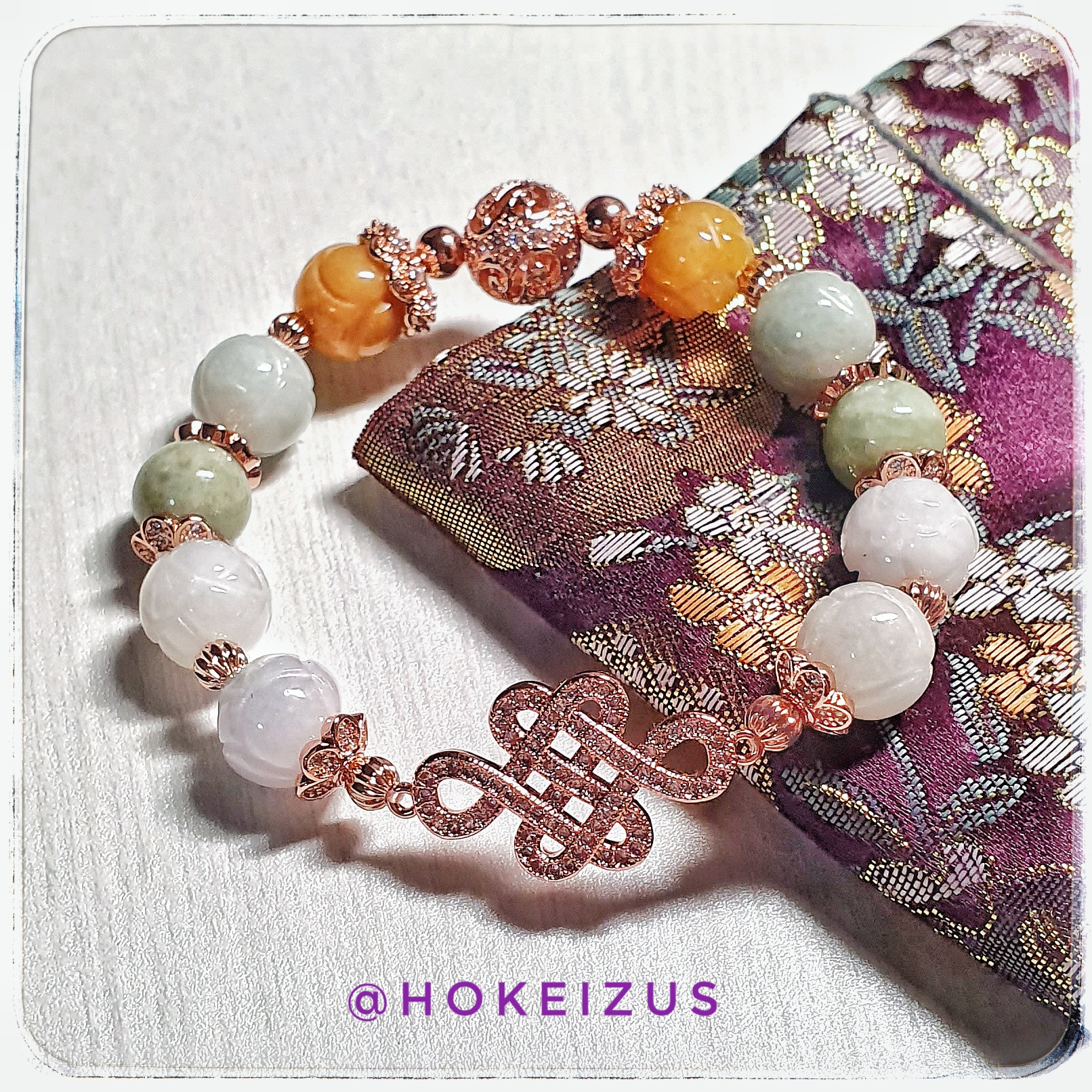 Rose Gold Chinese Knot with Lotus carved jade