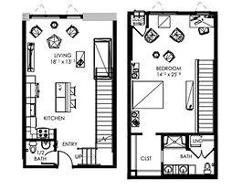 Stunning Two-level penthouse with main floor kitchen, living space, half bath; upstairs features a large bedroom, full ba