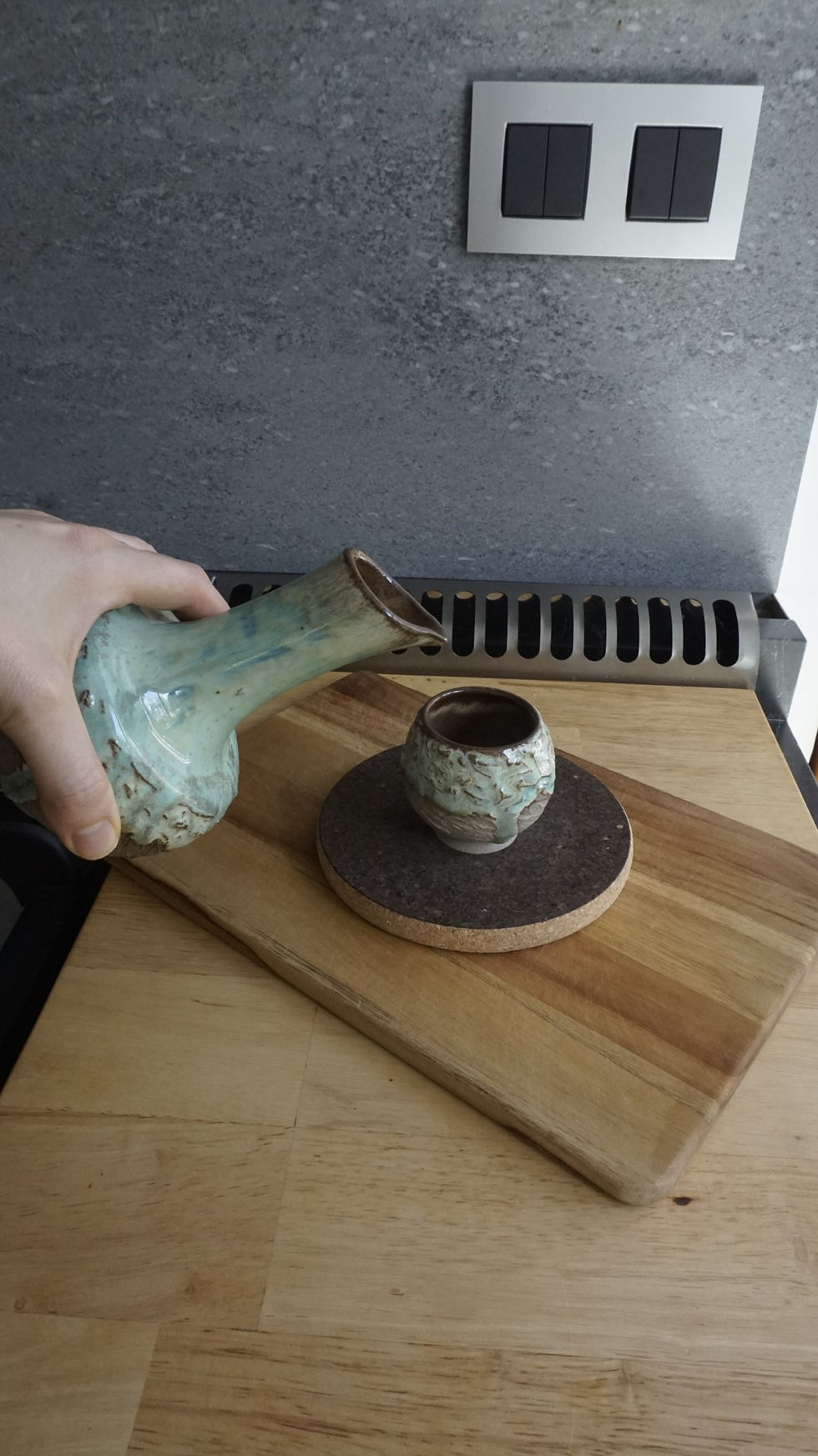 Thumbnail: Green ceramic sake bottle and cup side view