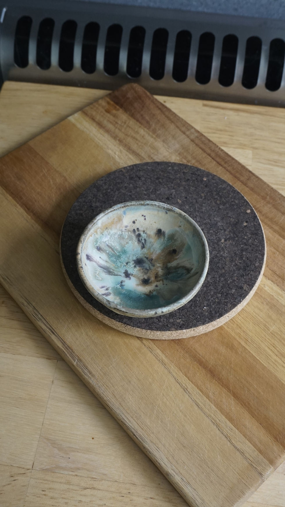 Thumbnail: Tiny soy sauce dish with marbled glaze top view