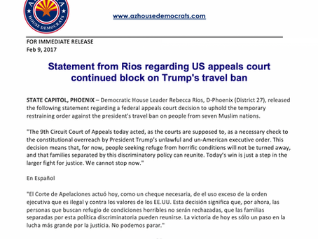 Statement from Rios regarding US appeals court continued block of Trump's travel ban