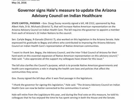 Governor signs Hale's measure to update AZ Advisory Council on Indian Healthcare