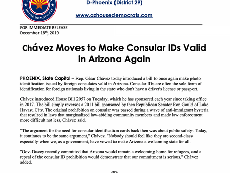 PRESS RELEASE: Chávez Moves to Make Consular IDs Valid in Arizona Again