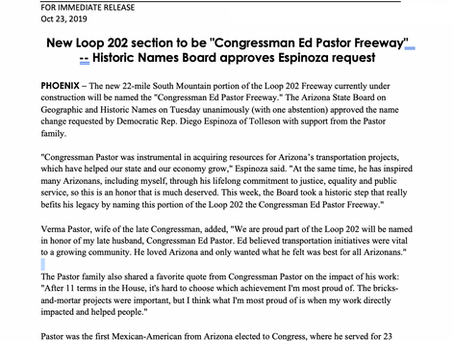 PRESS RELEASE: New Loop 202 section to be "Congressman Ed Pastor Freeway"