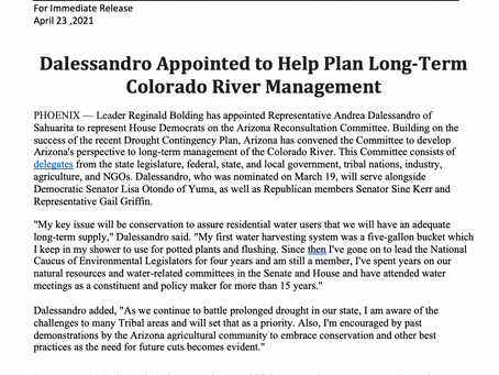PRESS RELEASE: Dalessandro Appointed to Help Plan Long-Term Colorado River Management