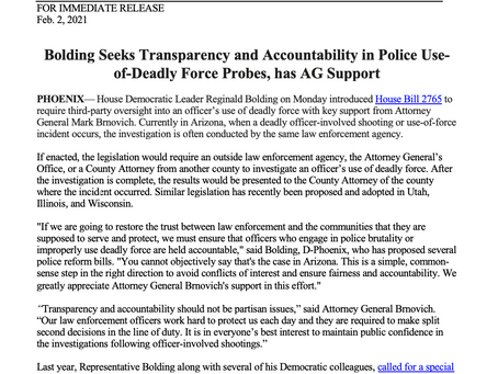 PRESS RELEASE: Bolding Seeks Transparency and Accountability in Police Use-of-Deadly Force Probes