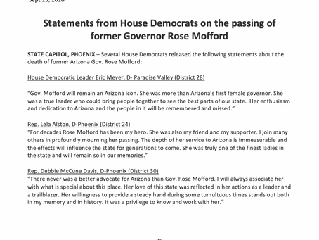 Statements from House Democrats on the passing of former Governor Rose Mofford