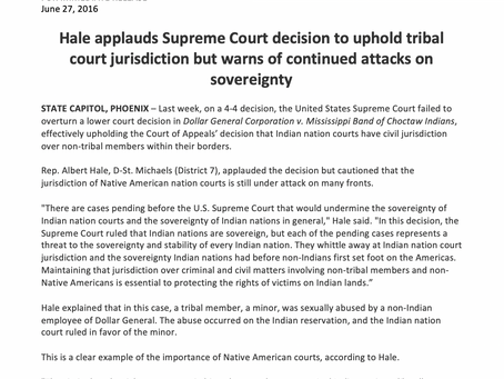 Hale applauds Supreme Court decision to uphold tribal court jurisdiction