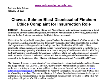 PRESS RELEASE: Chávez, Salman Blast Dismissal of Finchem Ethics Complaint for Insurrection Role